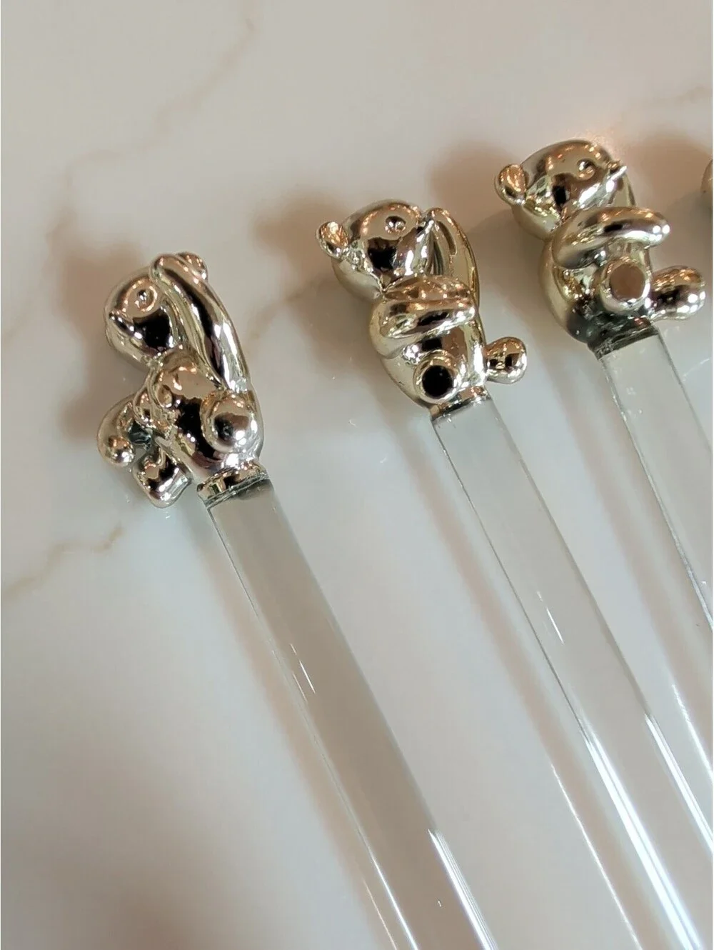Vintage Culver Set Of 6 Gold Teddy Bear Glass Stir Sticks, Cocktail, Tea, 1980